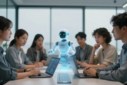 A group of five people in a conference room, sitting at a table with laptops. A holographic robot is displayed in the center.