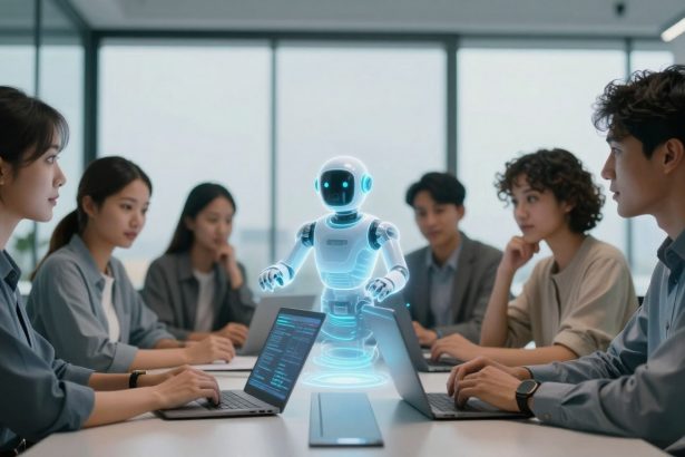 A group of five people in a conference room, sitting at a table with laptops. A holographic robot is displayed in the center.