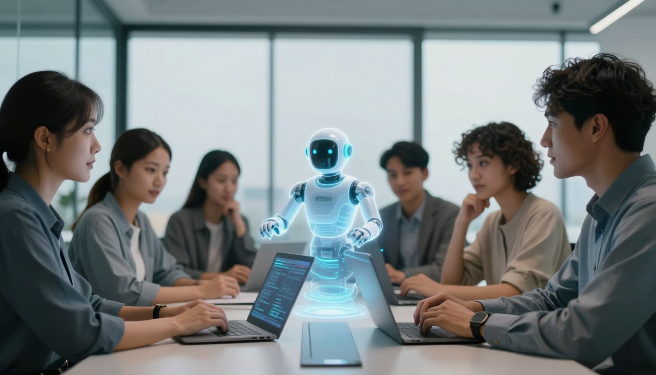 A group of five people in a conference room, sitting at a table with laptops. A holographic robot is displayed in the center.