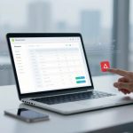 A hand interacts with a holographic icon above a laptop displaying a spreadsheet. A smartphone and white mug are on the desk.