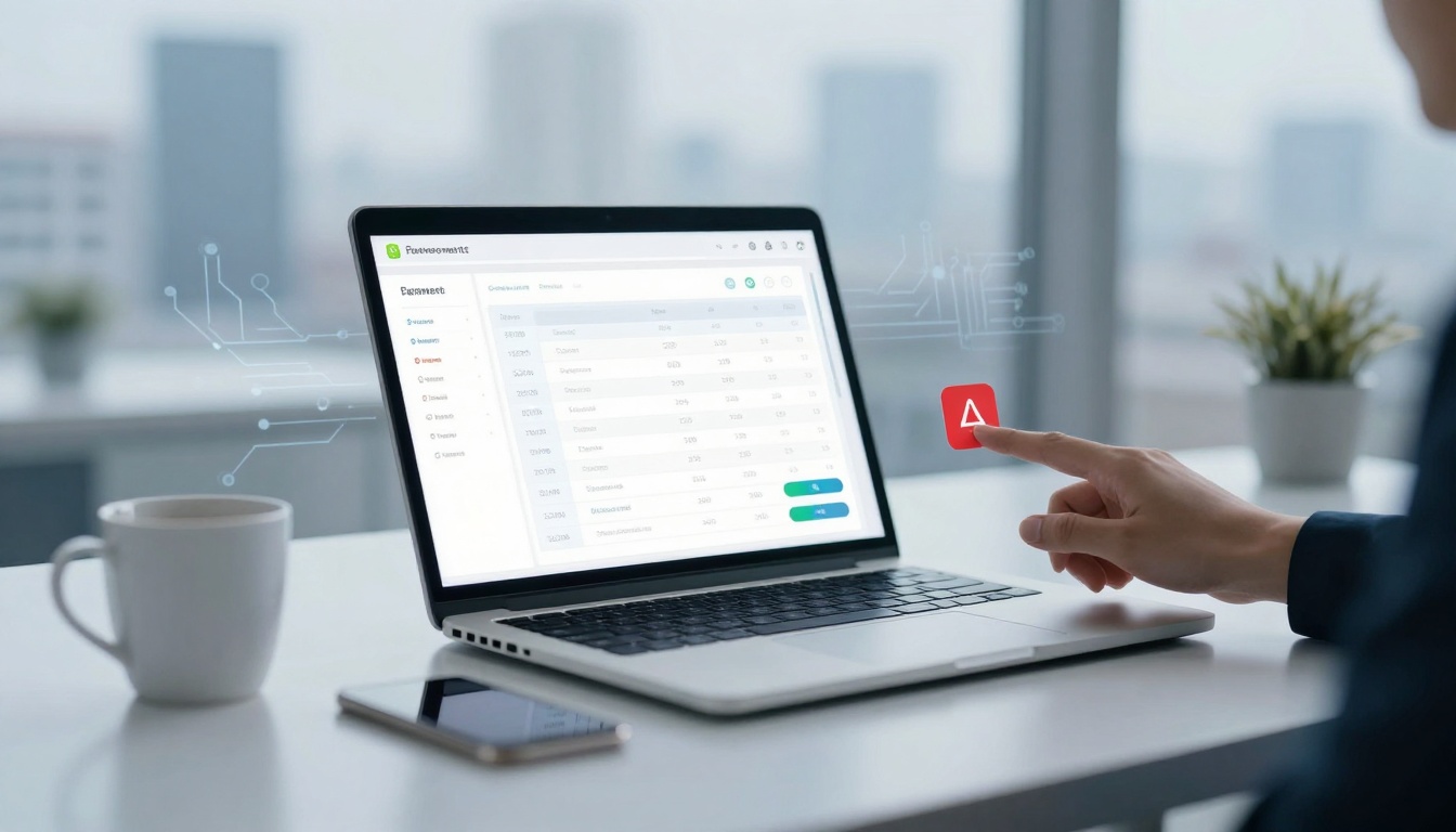 A hand interacts with a holographic icon above a laptop displaying a spreadsheet. A smartphone and white mug are on the desk.