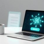 A laptop on a white table displays a digital network graphic with a "launch" button. A holographic checklist and rocket icon appear beside it, and a coffee mug is nearby.