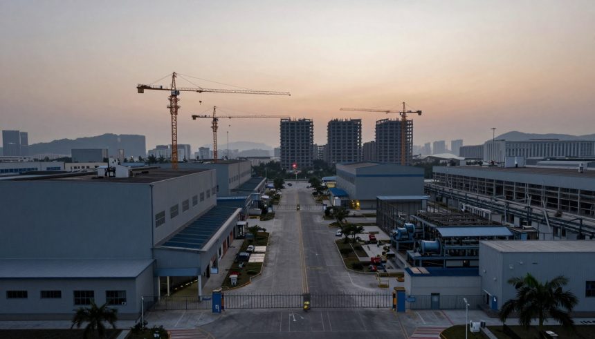 Aerial view of an industrial complex at dusk with construction cranes and high-rise buildings in the background. A wide, empty road runs between large factory buildings, with palm trees lining the sidewalks. The sky is a gradient of warm colors from the setting sun.