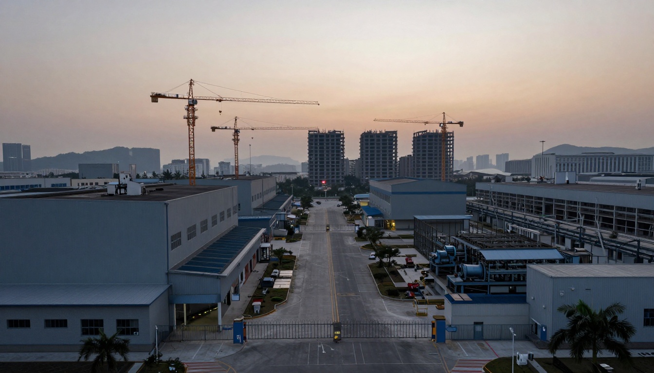 Aerial view of an industrial complex at dusk with construction cranes and high-rise buildings in the background. A wide, empty road runs between large factory buildings, with palm trees lining the sidewalks. The sky is a gradient of warm colors from the setting sun.