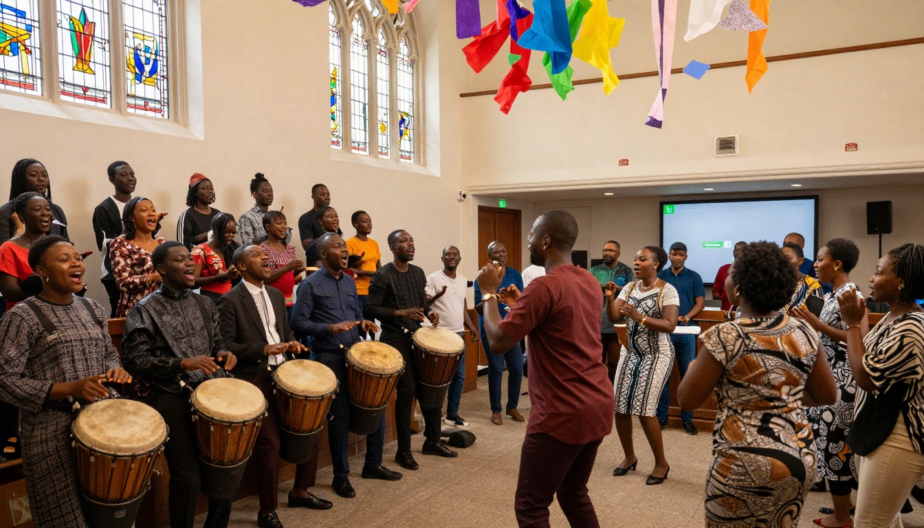 A group of people in colorful attire sing and play drums in a room with stained glass windows. Colorful banners hang from the ceiling.