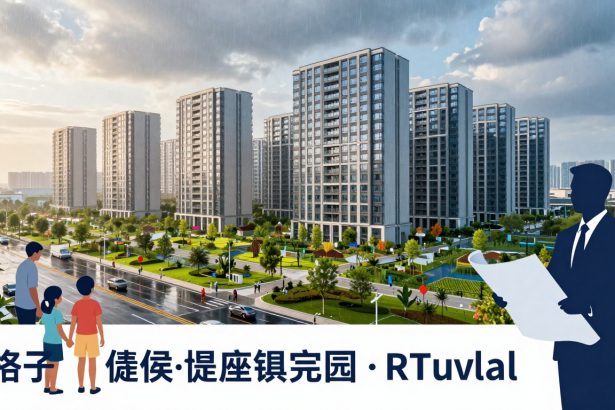 A cityscape featuring modern high-rise buildings, a park with trees and pathways, and a road with vehicles. Silhouettes of a person holding a blueprint and two adults with a child in the foreground. Text in Chinese and English is visible.