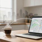 A steaming cup of coffee sits on a wooden table next to an open laptop displaying a city map. Sunlight streams through a window in the background, and a smartphone lies nearby.