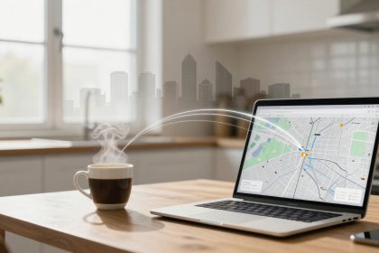 A steaming cup of coffee sits on a wooden table next to an open laptop displaying a city map. Sunlight streams through a window in the background, and a smartphone lies nearby.