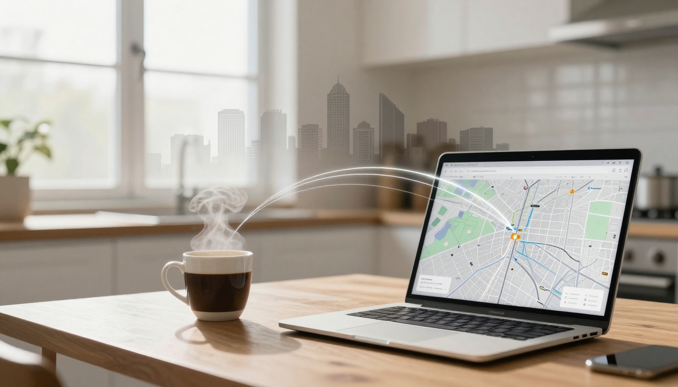 A steaming cup of coffee sits on a wooden table next to an open laptop displaying a city map. Sunlight streams through a window in the background, and a smartphone lies nearby.