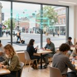 People sitting at tables in a modern café, using smartphones. Large windows show a street with pedestrians, buildings, and road workers outside.