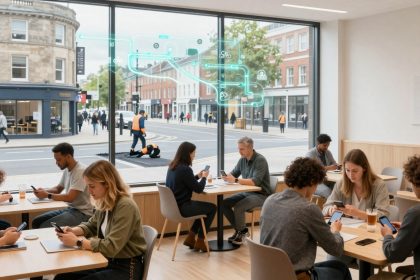 People sitting at tables in a modern café, using smartphones. Large windows show a street with pedestrians, buildings, and road workers outside.