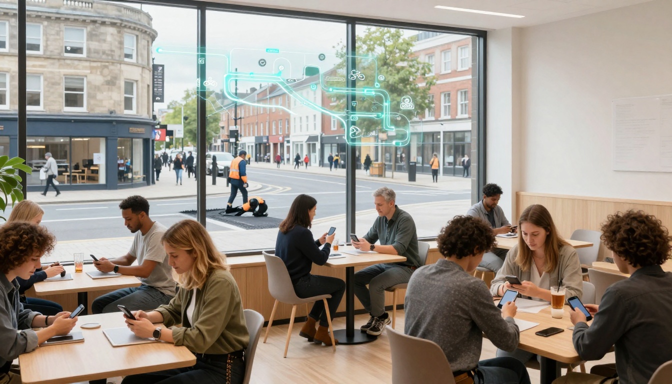 People sitting at tables in a modern café, using smartphones. Large windows show a street with pedestrians, buildings, and road workers outside.