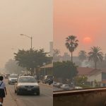 On the left, a child in a school uniform walks down a hazy city street with cars and tall buildings. On the right, a person gazes out from a balcony at a red sunset over palm trees.