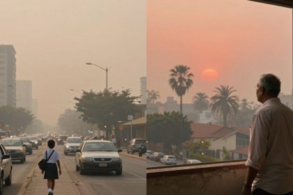 On the left, a child in a school uniform walks down a hazy city street with cars and tall buildings. On the right, a person gazes out from a balcony at a red sunset over palm trees.