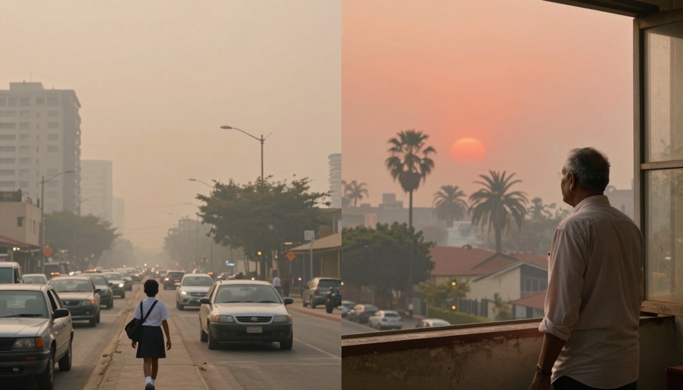On the left, a child in a school uniform walks down a hazy city street with cars and tall buildings. On the right, a person gazes out from a balcony at a red sunset over palm trees.