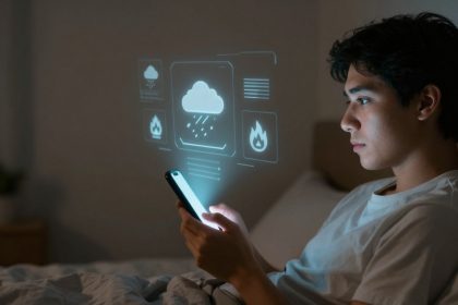 A person in a white shirt lies in bed, holding a smartphone. Holographic weather icons, including a cloud with rain, are projected above the device.