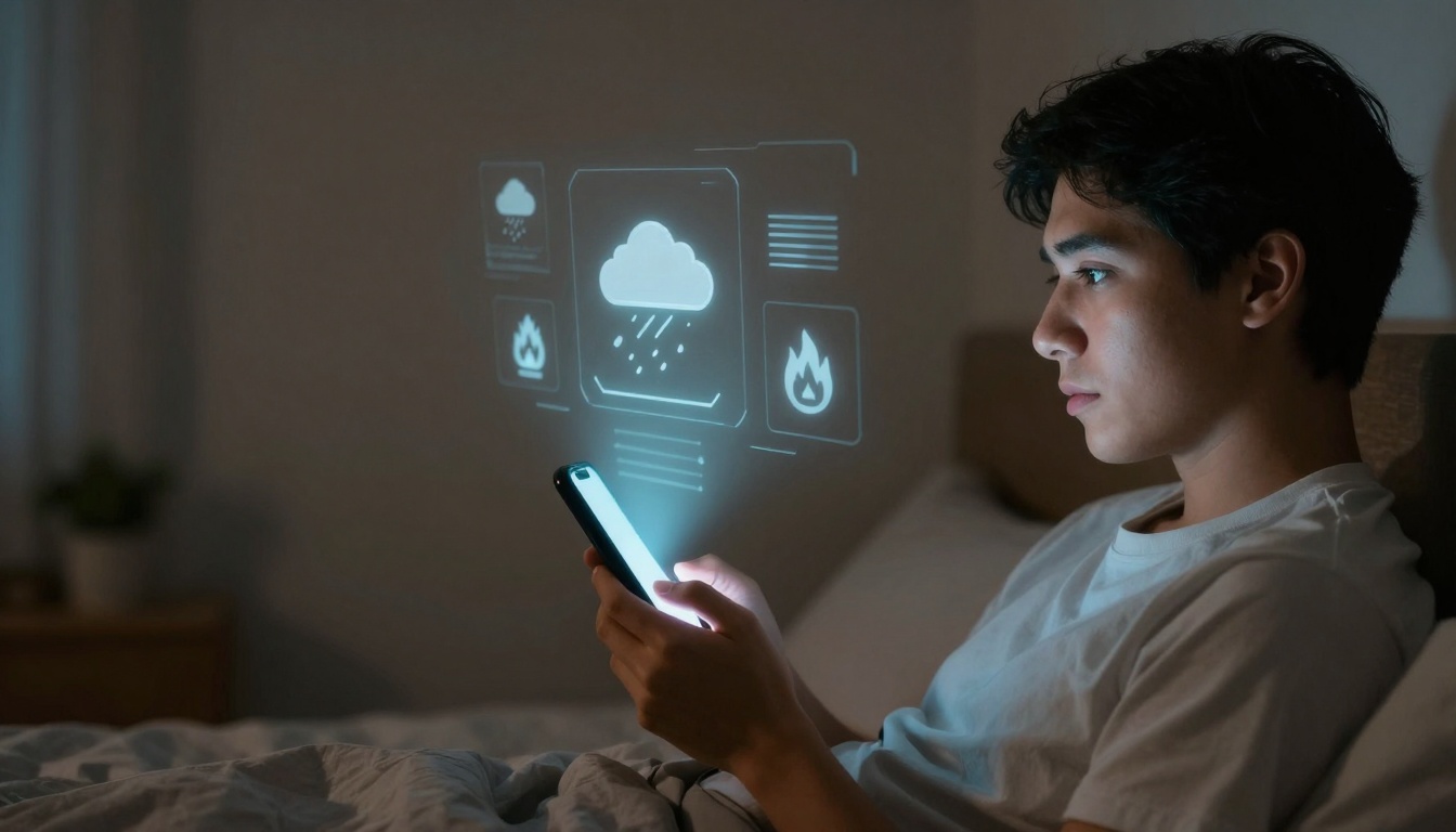 A person in a white shirt lies in bed, holding a smartphone. Holographic weather icons, including a cloud with rain, are projected above the device.