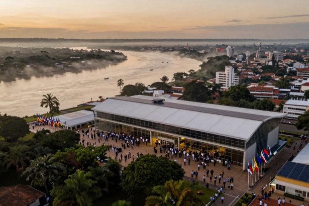 Aerial view of a modern building with a large gathering of people outside, surrounded by numerous flags. The building is near a river, with misty trees and city buildings in the background under a cloudy sky.