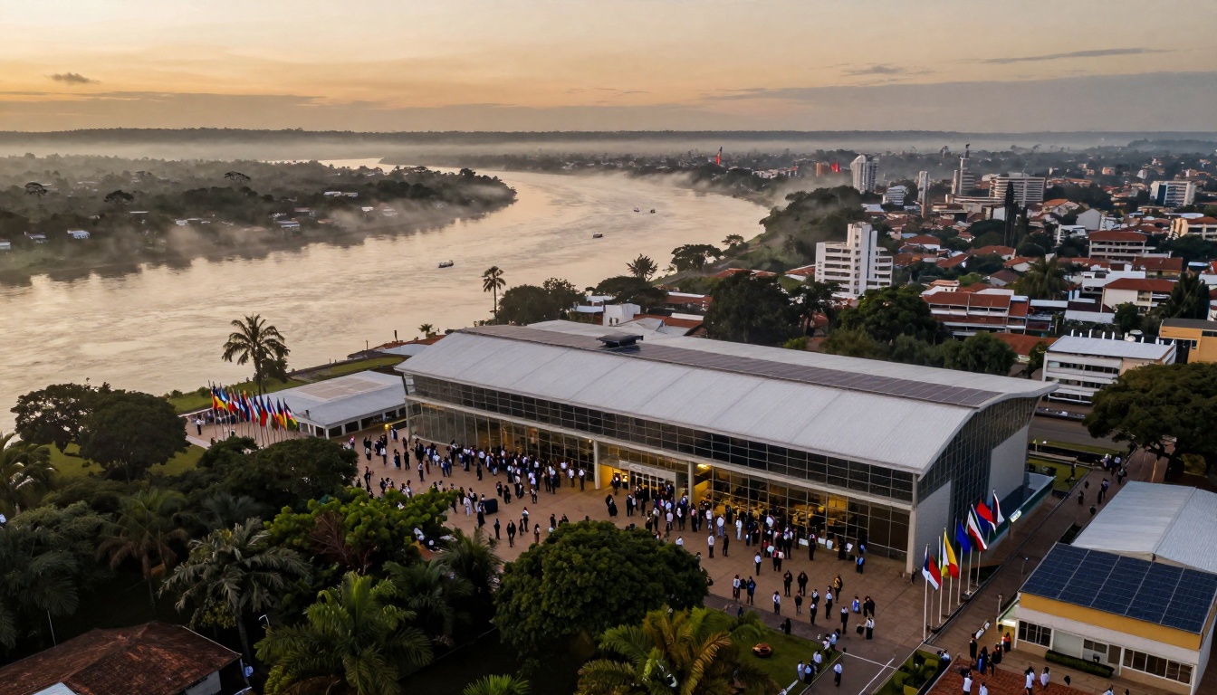 Aerial view of a modern building with a large gathering of people outside, surrounded by numerous flags. The building is near a river, with misty trees and city buildings in the background under a cloudy sky.