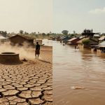 The image is split into two scenes. On the left, a dry, cracked earth landscape features a person standing near a dusty well. On the right, a flooded village with submerged houses is visible, with people standing on rooftops and walking through the water.