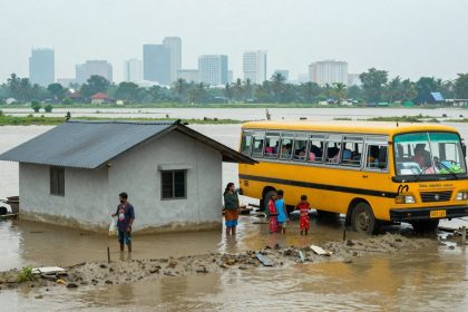 A flooded area with a yellow bus and a house partially submerged in water. People stand on the muddy ground; city buildings are visible in the background.