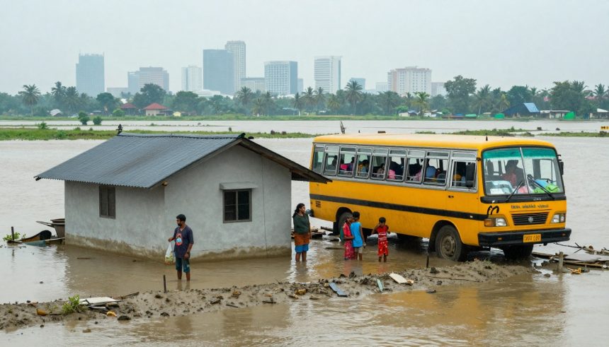 A flooded area with a yellow bus and a house partially submerged in water. People stand on the muddy ground; city buildings are visible in the background.