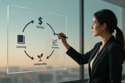 A woman in a suit writes on a transparent board displaying a financial growth cycle with "Learning," "Earning," "Investing," and "Compounding" linked by arrows.
