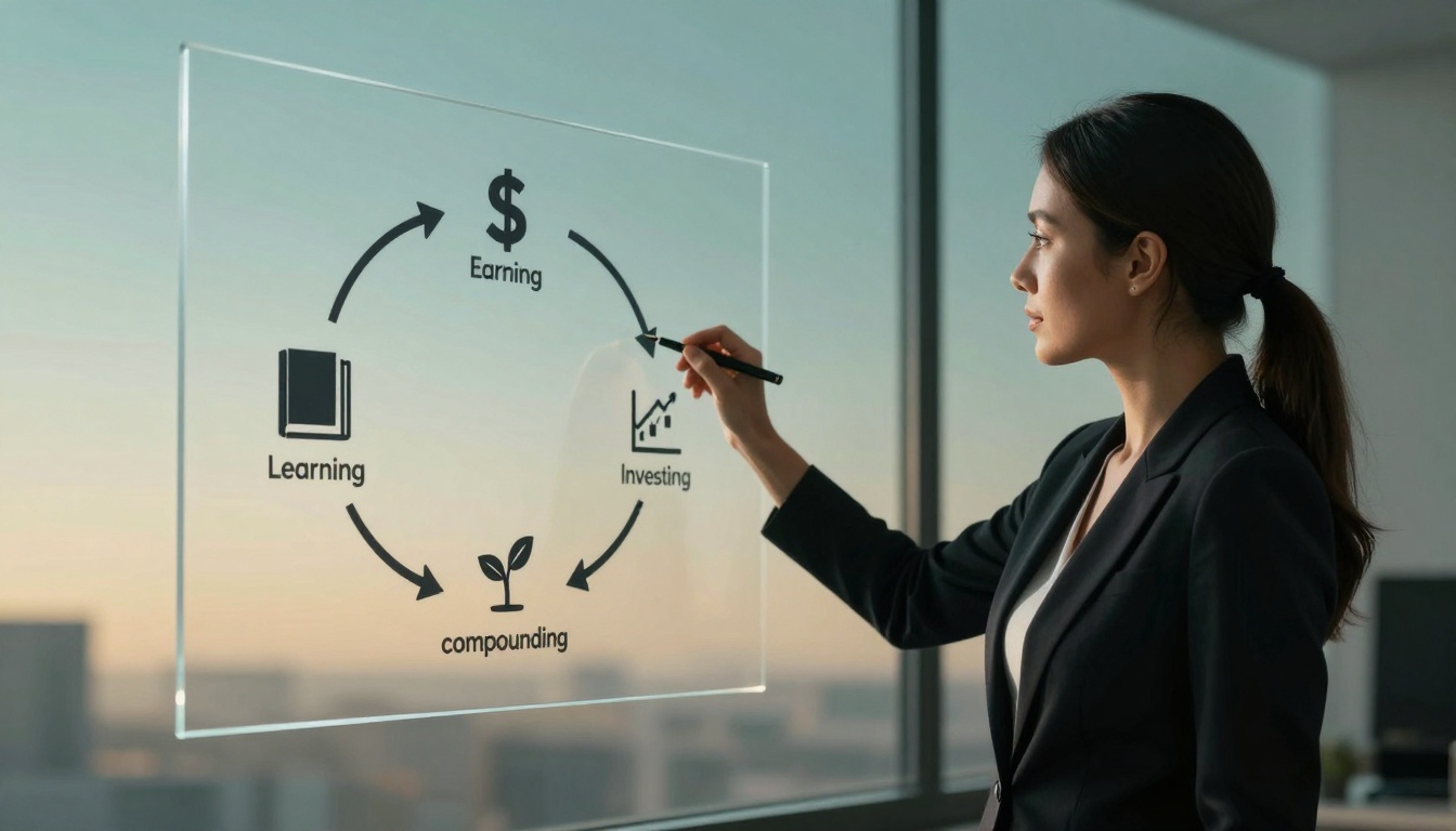 A woman in a suit writes on a transparent board displaying a financial growth cycle with "Learning," "Earning," "Investing," and "Compounding" linked by arrows.