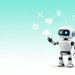 A small white robot with blue eyes stands on a gradient turquoise background, interacting with icons of a brain, cloud, gear, and magnifying glass.
