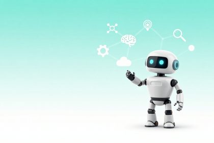 A small white robot with blue eyes stands on a gradient turquoise background, interacting with icons of a brain, cloud, gear, and magnifying glass.
