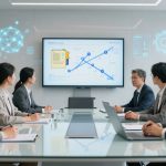 A group of six people in business attire sit around a conference table, viewing a presentation on a large screen displaying a flowchart.