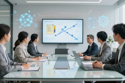 A group of six people in business attire sit around a conference table, viewing a presentation on a large screen displaying a flowchart.