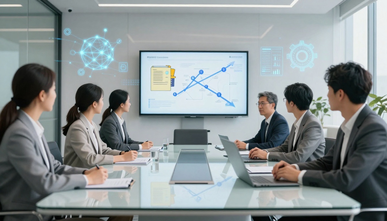 A group of six people in business attire sit around a conference table, viewing a presentation on a large screen displaying a flowchart.