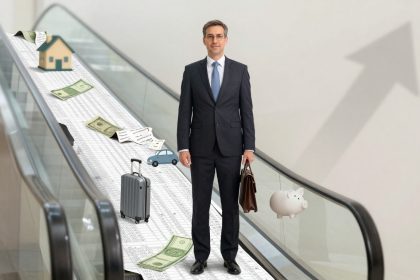 A man in a suit stands on an escalator covered with financial documents. Around him are floating icons of a house, money, a car, a suitcase, and a piggy bank. An upward arrow is visible in the background.