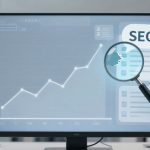 A computer screen displaying a graph with an upward trend line and the word "SEO" alongside a magnifying glass highlighting part of the graph.