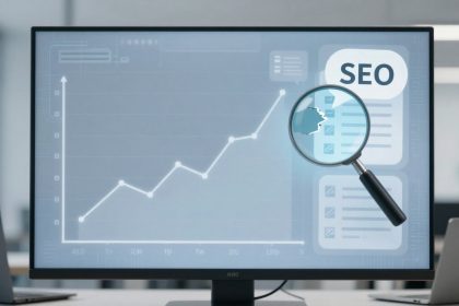 A computer screen displaying a graph with an upward trend line and the word "SEO" alongside a magnifying glass highlighting part of the graph.