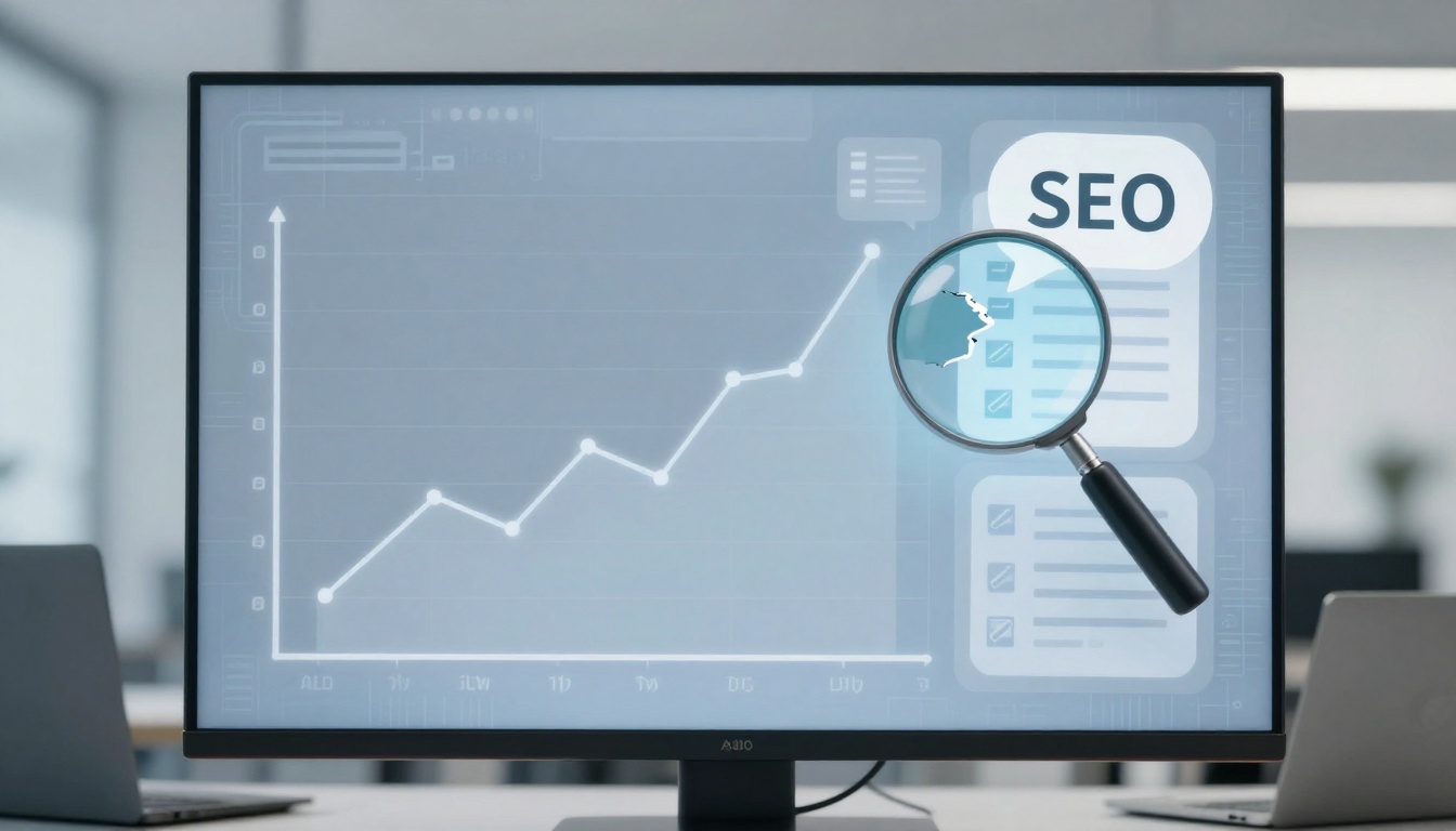 A computer screen displaying a graph with an upward trend line and the word "SEO" alongside a magnifying glass highlighting part of the graph.