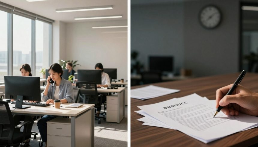 Left: Office with people working at desks, computers, and a woman on the phone. Right: Hand signing documents on a table, clock on the wall.
