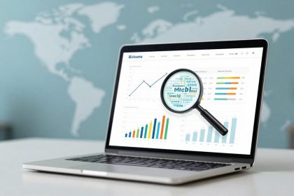 A laptop displaying graphs and charts with a magnifying glass overlay. Background features a blurred world map on a blue wall.