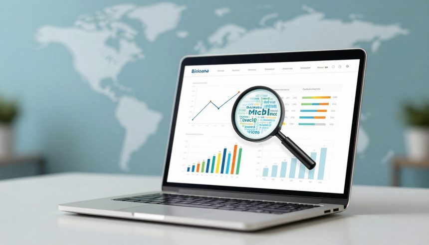 A laptop displaying graphs and charts with a magnifying glass overlay. Background features a blurred world map on a blue wall.