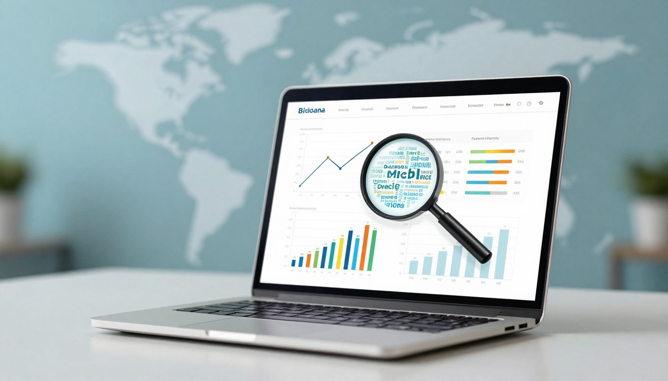 A laptop displaying graphs and charts with a magnifying glass overlay. Background features a blurred world map on a blue wall.