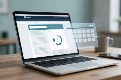 A laptop on a wooden desk displays a webpage with text and graphics. A transparent digital interface with a numeric keypad floats above. A smartphone and white mug are nearby.