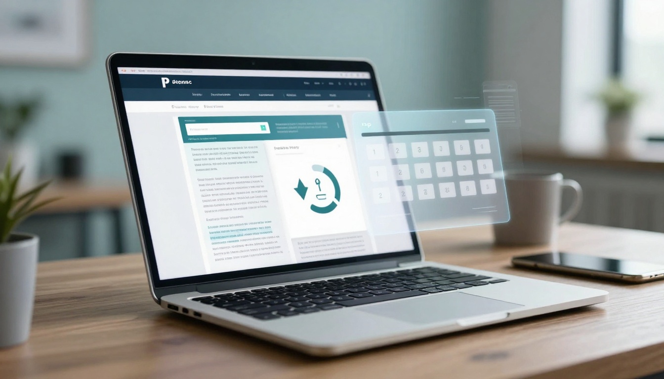 A laptop on a wooden desk displays a webpage with text and graphics. A transparent digital interface with a numeric keypad floats above. A smartphone and white mug are nearby.