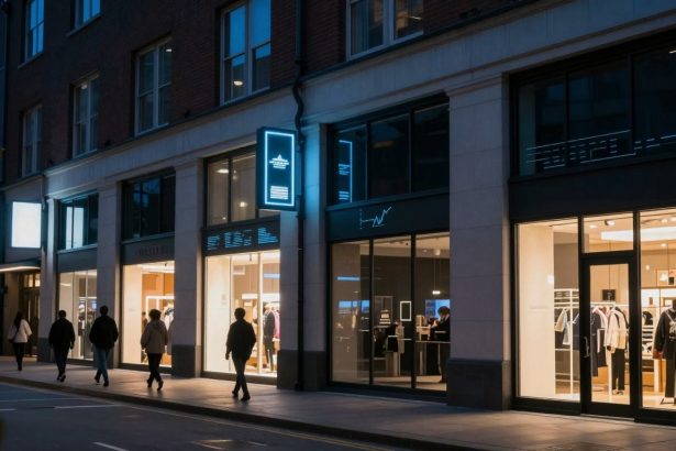A city street at dusk with people walking past a brightly lit clothing store. The store has large windows displaying various garments, and a glowing blue sign above. The building facade is modern with tall windows.