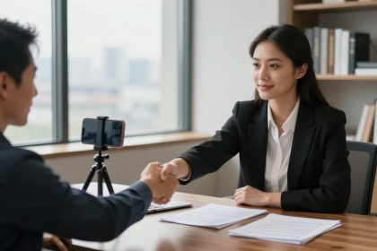 A woman in a black suit shakes hands with a man in an office. Papers are on the desk, and a smartphone on a tripod is nearby. Bookshelves and a large window are in the background.