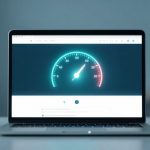 A laptop displaying a speedometer graphic on the screen, with the needle pointing to 70. A potted plant is on the left, and a smartphone is on the right, all on a light-colored desk.