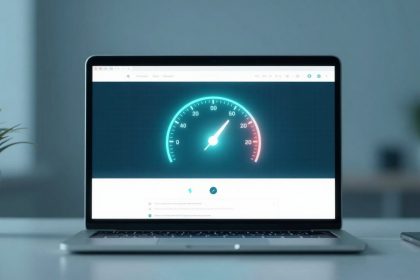 A laptop displaying a speedometer graphic on the screen, with the needle pointing to 70. A potted plant is on the left, and a smartphone is on the right, all on a light-colored desk.