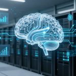 A glowing digital brain with circuit patterns hovers in front of server racks. Blue lines connect to icons of graphs and dollar signs.