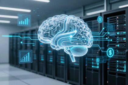 A glowing digital brain with circuit patterns hovers in front of server racks. Blue lines connect to icons of graphs and dollar signs.
