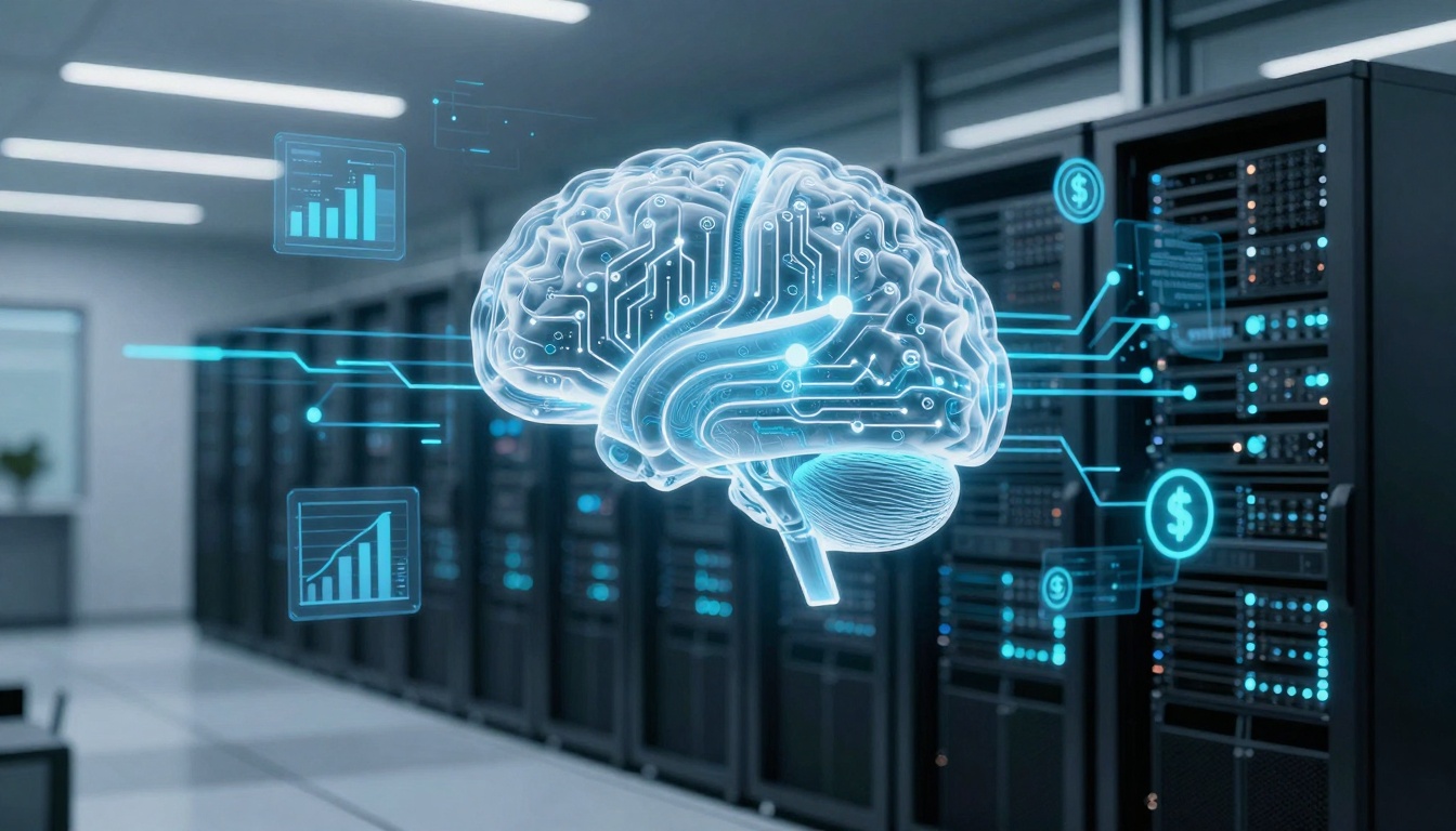 A glowing digital brain with circuit patterns hovers in front of server racks. Blue lines connect to icons of graphs and dollar signs.
